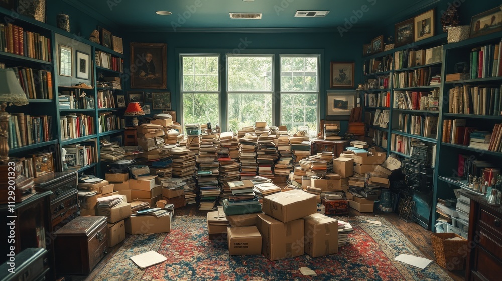  cluttered library filled with stacks of books and boxes, creating a cozy yet chaotic reading space.