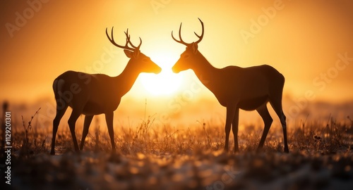 Two deer stand close together in a tranquil meadow, their silhouettes illuminated by the warm glow of a sunset. The moment captures their bond amidst nature's beauty