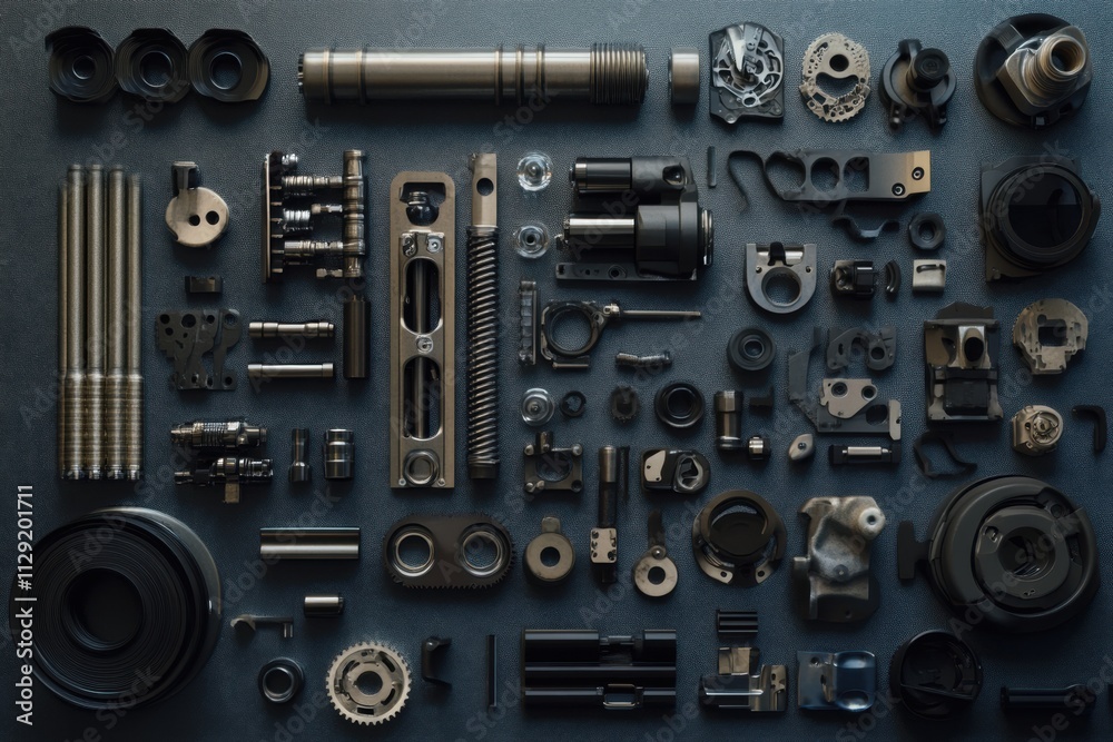 Engine parts like pistons and gears are neatly arranged on a textured surface, ideal for clear text placement. Generative AI Engine parts like pistons and gears are neatly arranged on a textured surface, ideal for clear text placement. Generative AI