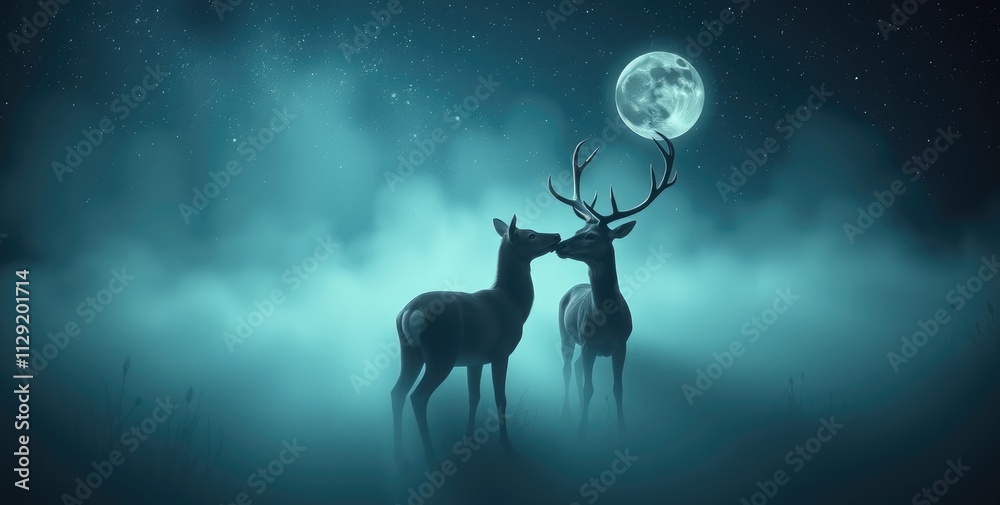 A charming deer couple share an intimate moment as they gently nuzzle under the soft glow of a full moon, surrounded by a mystical fog that enhances their romance A charming deer couple share an intimate moment as they gently nuzzle under the soft glow of a full moon, surrounded by a mystical fog that enhances their romance
