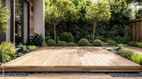 Beautiful modern backyard with wooden deck surrounded by lush greenery, perfect for relaxation and outdoor gatherings in a serene, natural setting.