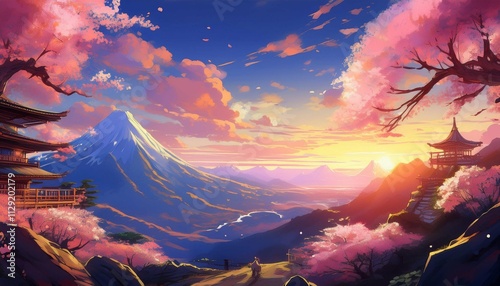 japanese anime landscape with scenic mountains cherry blossoms and sunset sky fantasy art background