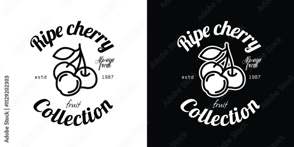 Obraz premium Emblem collection of fruits. Ripe cherry. Original vector illustration in vintage style. T-shirt design.