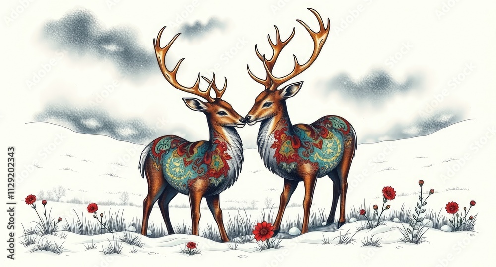 custom made wallpaper toronto digitalTwo intricately patterned deer stand close, sharing a tender moment in a winter wonderland, surrounded by vivid red flowers and a serene snowy backdrop