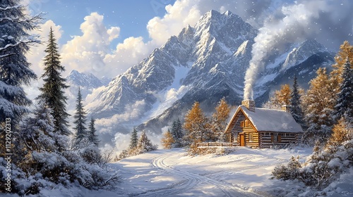 A serene winter landscape featuring a cozy cabin amidst snow-covered mountains and trees.