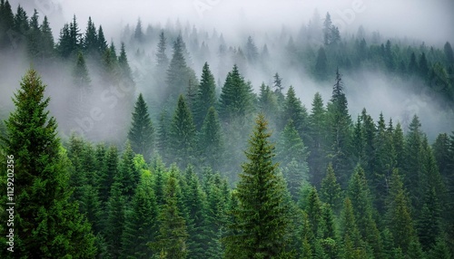 natural rain forest moody cloudy foggy forest during summer autumn amazing background with mood green spruce forest with white fog in mountains after rain