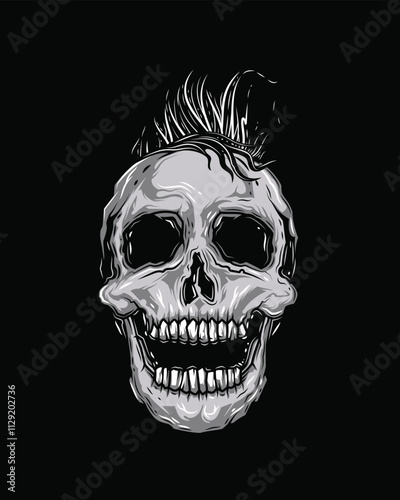 Human skull with mohawk and open jaw. Original vector illustration in vintage style. T-shirt design.