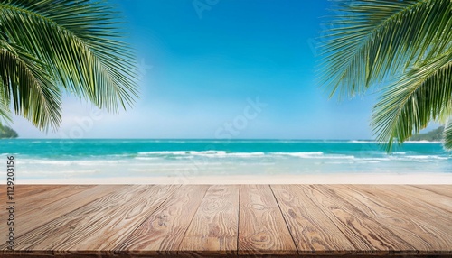 empty wood table over blue sea beach and palm leaves background in summer day background with copy space for product display