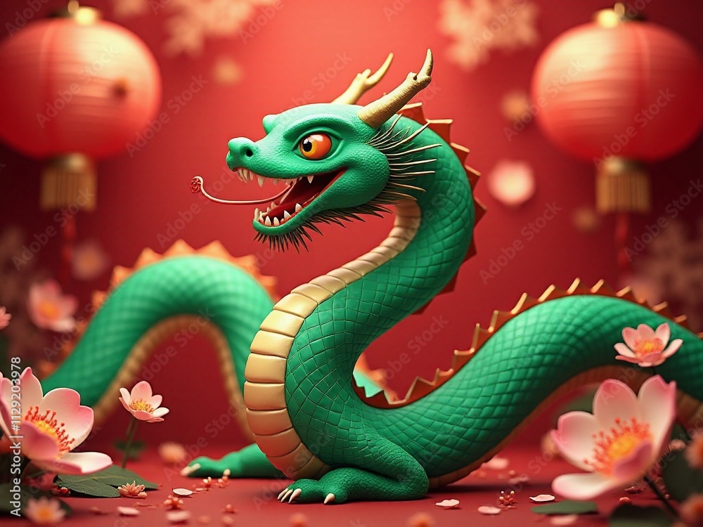 Fototapeta premium Vivid Green Snake Among Red Lanterns and Floral Elements - Symbol of Prosperity