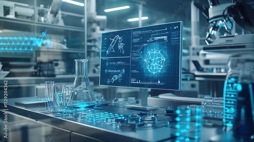 A high-tech laboratory scene featuring digital displays, glassware, and scientific equipment, emphasizing advanced research and innovation. A high-tech laboratory scene featuring digital displays, glassware, and scientific equipment, emphasizing advanced research and innovation.