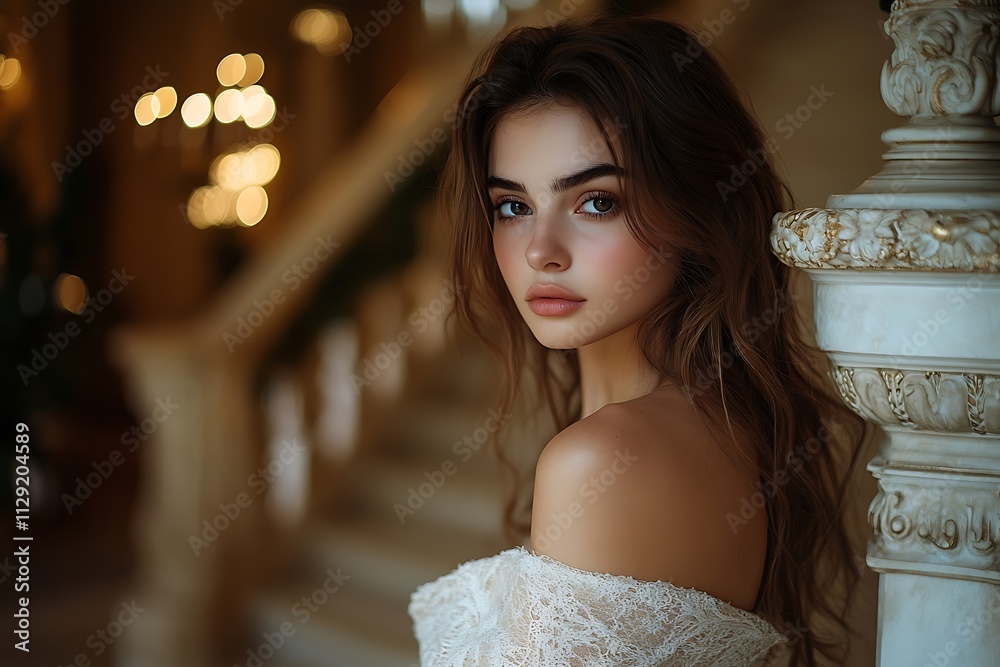 Naklejka premium Girl with Long Curly Hair in Luxurious Mansion