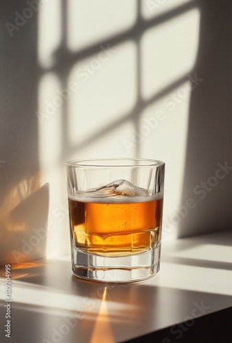 Glass of amber whiskey with ice cube on a white surface, illuminated by soft natural light from window, creating stylish shadows and highlights for a cozy atmosphere