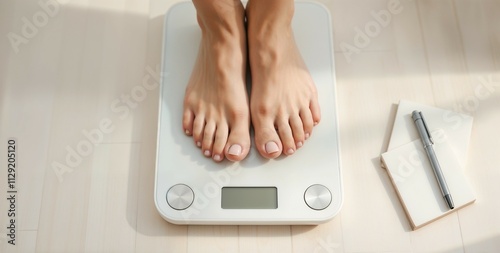 Person Standing on Digital Scale with Notepad and Pen Nearby

 photo