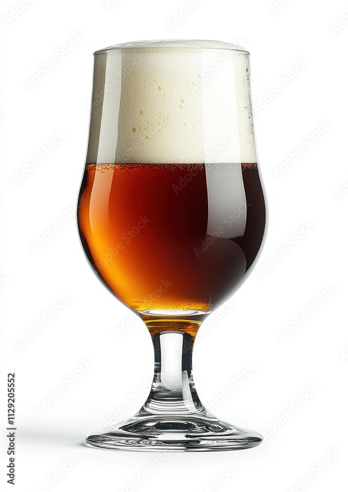 Glorious amber beer in a stylish glass showcasing frothy head, served against a clean backdrop emphasizing freshness and appeal for beverage enthusiasts.