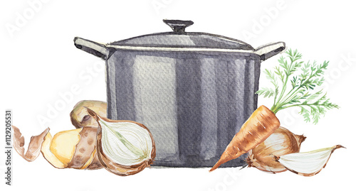 Cook pot with vegetables illustration isolated on a white background. Soup ingredients clipart. Cook book or recipe card design.