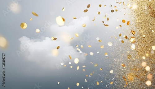colorful confetti and golden glitter on soft neutral gray background minimalist festive texture simple modern holiday abstract confetti falling from cloudy sky copy space