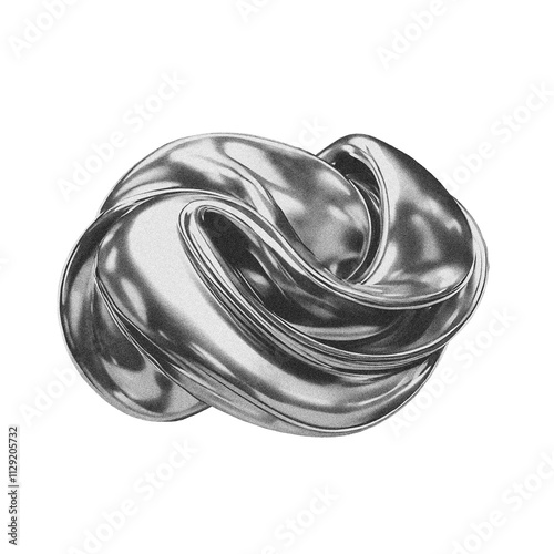 Shiny silver curvy 3d shape of liquid metal chrome, with grainy grain noise texture, PNG transparent background, abstract futuristic design, modern chrome art.