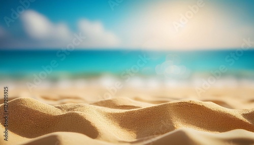 close up sand with blurred sea sky and sunlight background summer day copy space or for product