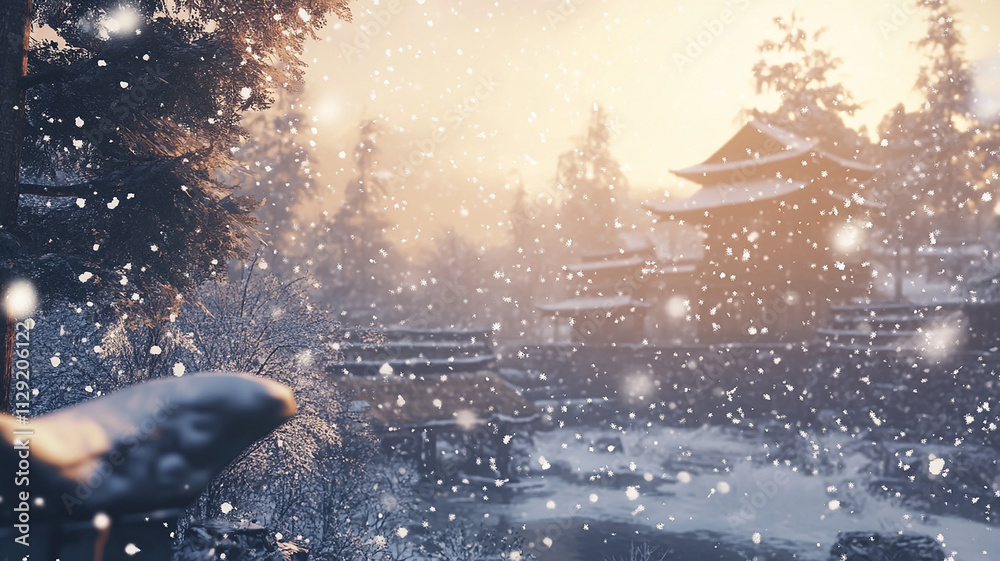 Fototapeta premium Winter landscape showing snow fall and large trees, Arctic Landscape with Snow covered trees in a winter season, winter morning snowy view with melting snow. 