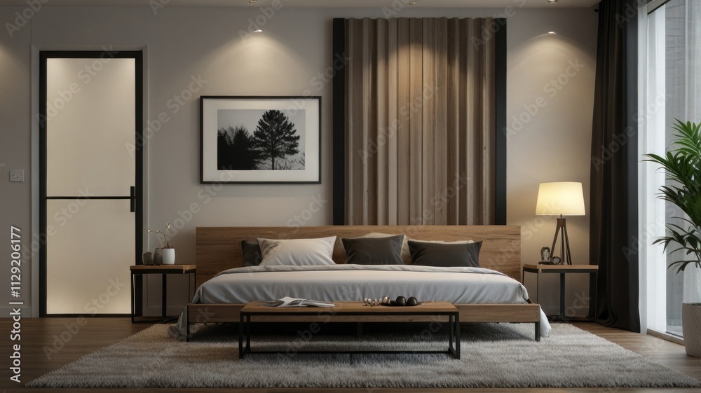 Modern minimalist bedroom interior design with wooden bed, neutral tones, and large window. Modern minimalist bedroom interior design with wooden bed, neutral tones, and large window.