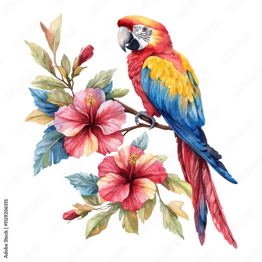 Fototapeta premium A vibrant parrot perched on a branch with large pink flowers, showcasing an array of bright colors in its plumage.