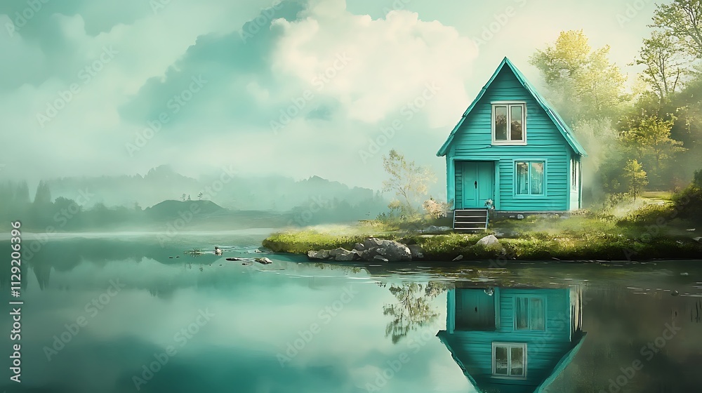 Obraz premium Serene Teal Lakeside Cabin Peaceful Misty Morning
