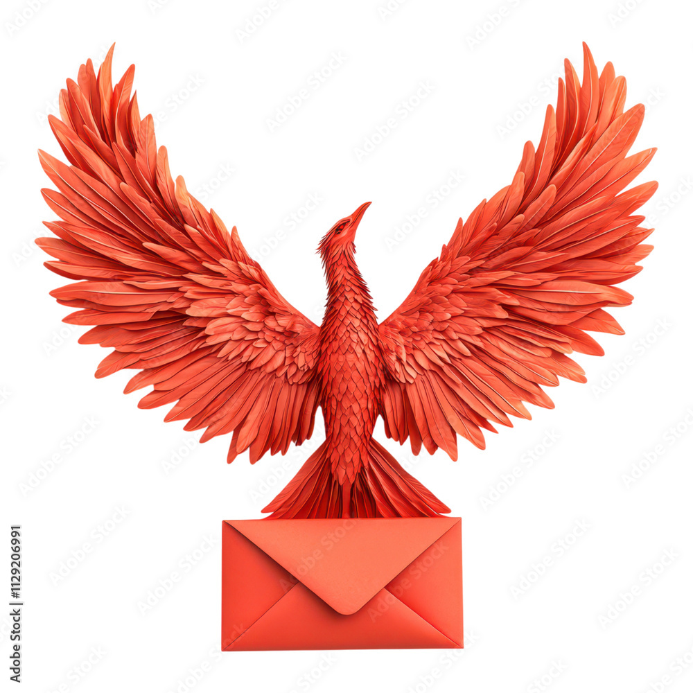 Obraz premium A vibrant, stylized red phoenix with expansive wings stands atop an envelope, symbolizing rebirth and communication.