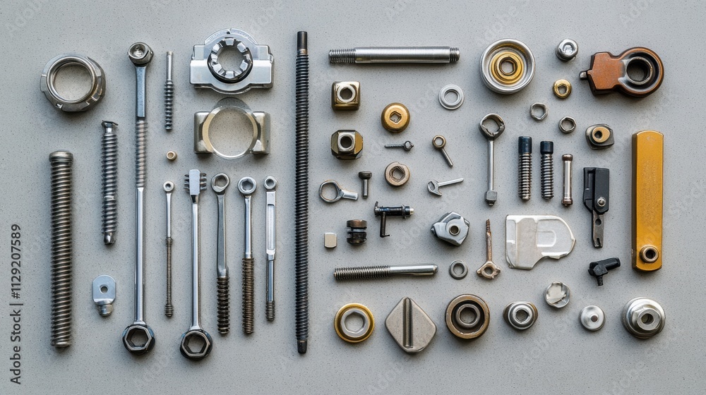 Assorted car parts and tools are organized neatly on a neutral surface, featuring bolts, nuts, spark plugs, and wrenches ideal for repair projects. Generative AI Assorted car parts and tools are organized neatly on a neutral surface, featuring bolts, nuts, spark plugs, and wrenches ideal for repair projects. Generative AI