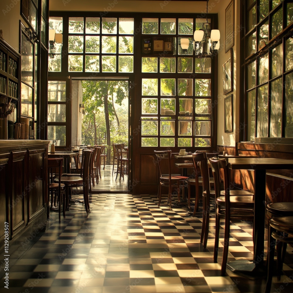cozy cafe interior with natural light and checkered floor cozy cafe interior with natural light and checkered floor