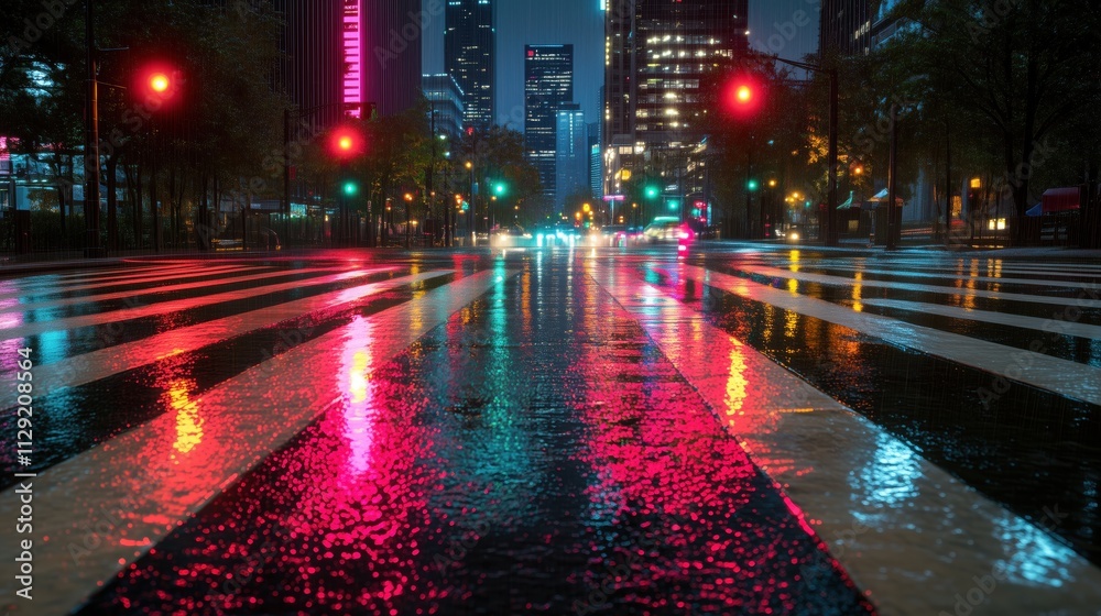 Obraz premium Regenbedeckte Straßen mit reflektierenden Farben