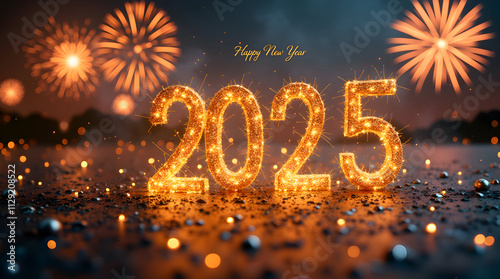 Celebrating the Arrival of 2025 with Sparkling Fireworks and New Year Cheerful Atmosphere photo