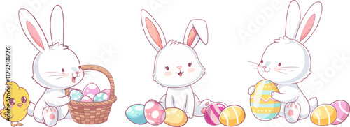 Happy Easter banner in pastel colors for kids. Cute Kawaii Bunnies, Easter eggs, chicken and basket. Doodle style illustrations.