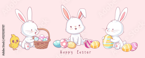 Happy Easter banner in pastel colors for kids. Cute Kawaii Bunnies, Easter eggs, chicken and basket. Doodle style illustrations.