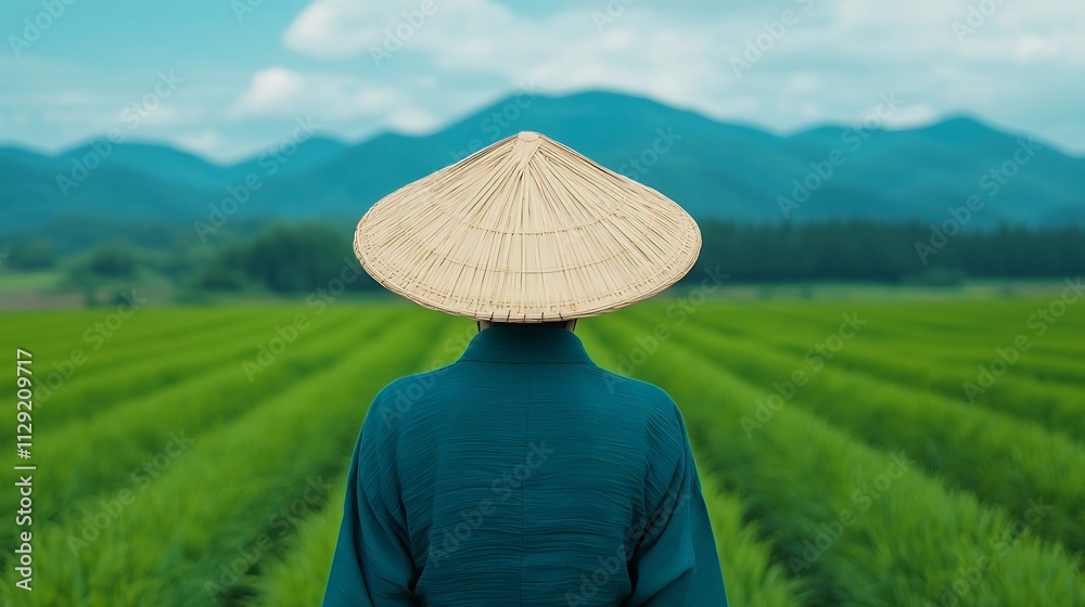 Serene Asian Farmer in Rice Paddy Field Mountains Background Serene Asian Farmer in Rice Paddy Field Mountains Background