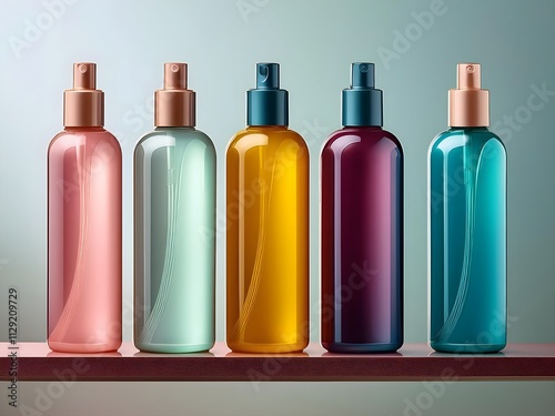 Display of colourful skincare cosmetics bottles on plain background