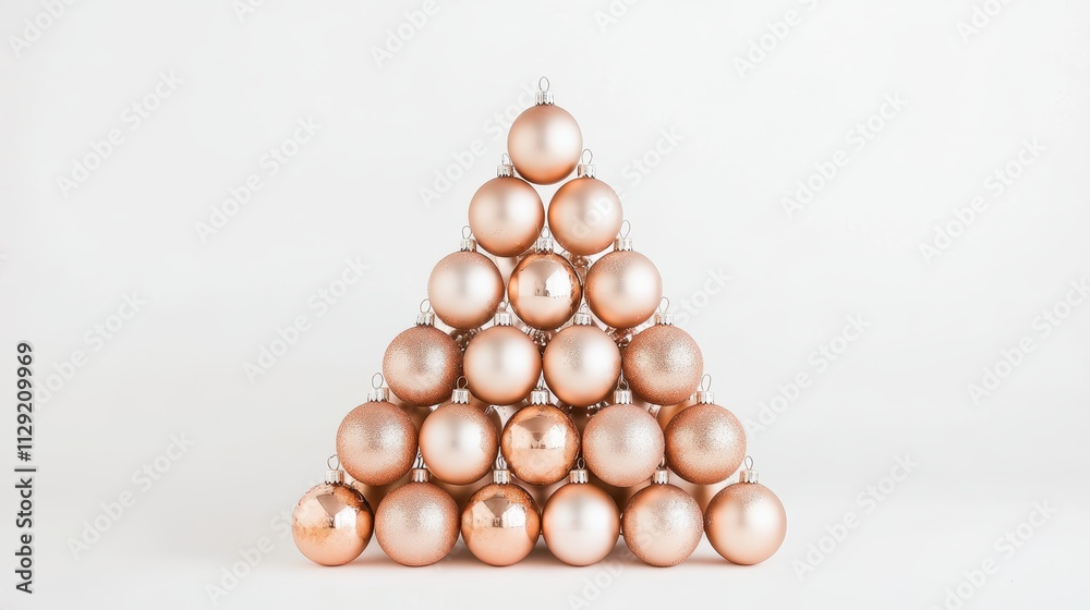 A Christmas tree made of rose gold ornaments,balls on white background A Christmas tree made of rose gold ornaments,balls on white background