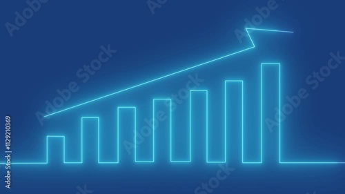 Growing neon business bar chart with upwards arrow glowing outline. 