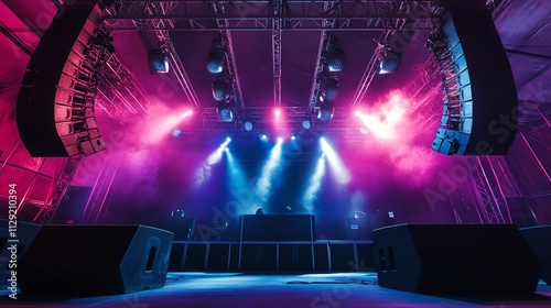 Empty Concert Stage with Pink and Blue Lighting