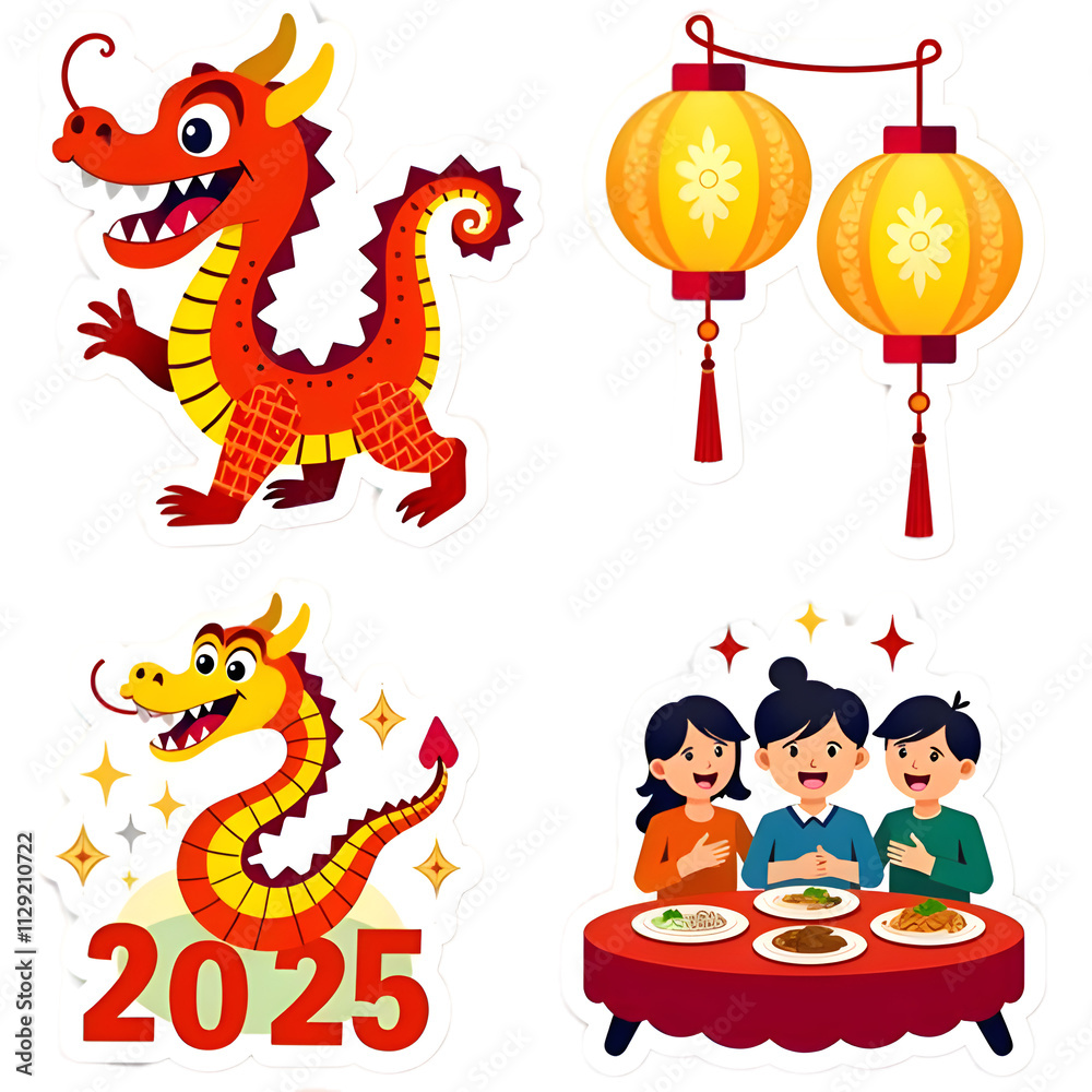Obraz premium 2025 Chinese New Year Celebration: Dragons, Lantern, and Family Dinner