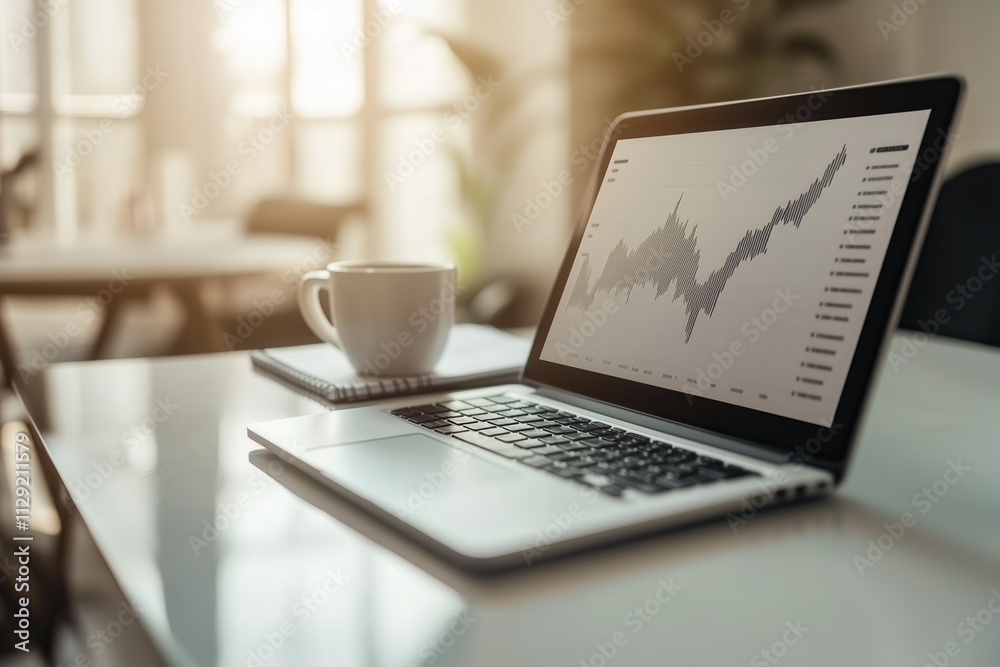 Fototapeta premium laptop with graphs or charts moving upward on office desk with cup of coffee