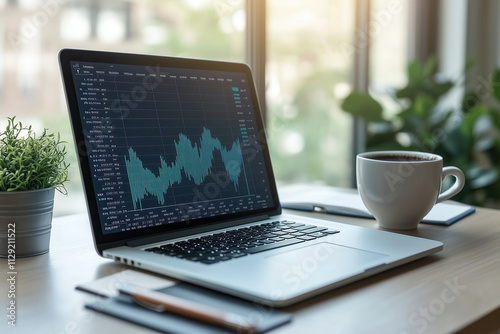 laptop with graphs or charts moving upward on office desk with cup of coffee