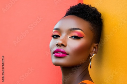beautiful woman with vibrant makeup against a colorful background