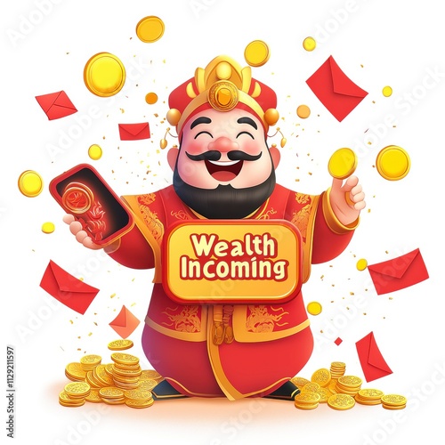 Lunar New Year Celebration with Cai Shen Online Shopping for Wealth Red Background Cartoon Style