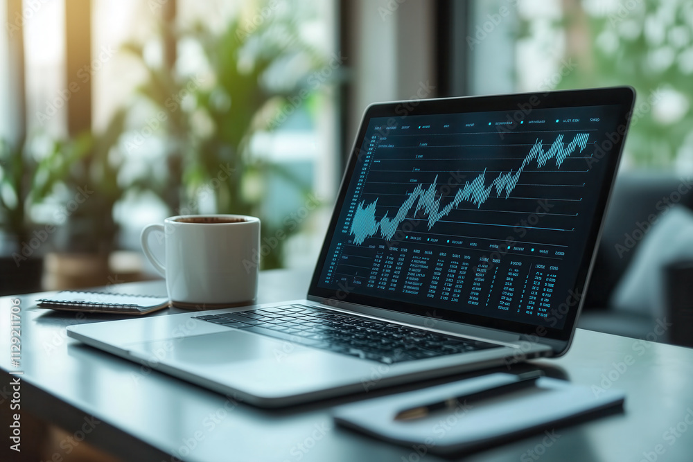 laptop with graphs or charts moving upward on office desk with cup of coffee laptop with graphs or charts moving upward on office desk with cup of coffee