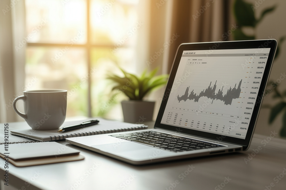 laptop with graphs or charts moving upward on office desk with cup of coffee laptop with graphs or charts moving upward on office desk with cup of coffee