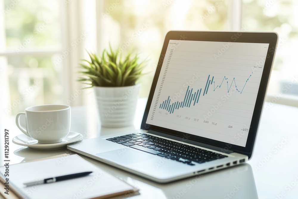 laptop with graphs or charts moving upward on office desk with cup of coffee laptop with graphs or charts moving upward on office desk with cup of coffee