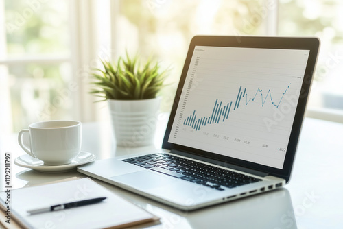 laptop with graphs or charts moving upward on office desk with cup of coffee