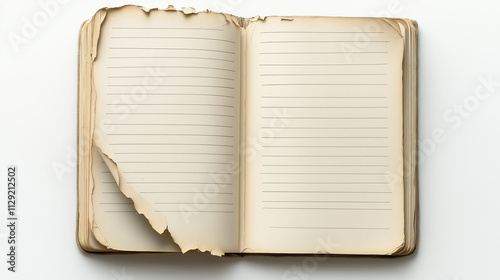Open vintage notebook showing blank pages on white background
