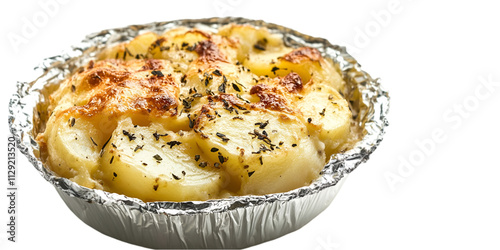 Baked Macaroni Cheese in Aluminum Foil on Transparent Background