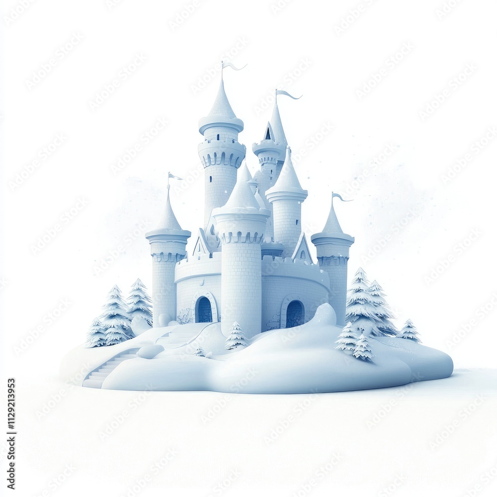 Enchanted Snow Castle Surrounded by White Trees and Snowflakes Enchanted Snow Castle Surrounded by White Trees and Snowflakes